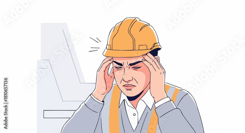 Stressed construction worker suffering from a severe headache.