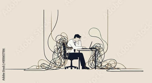 Overwhelmed office worker struggles with tangled wires and technology.