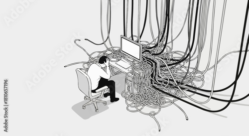 Overwhelmed by Technology - Man at Computer Surrounded by Cables.
