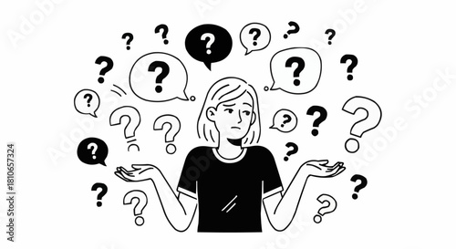 Woman surrounded by question marks expressing confusion and uncertainty.