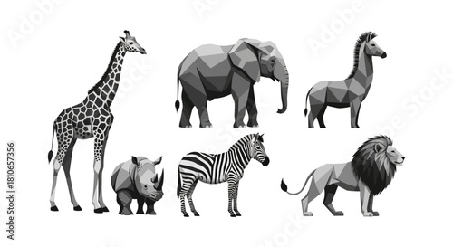 Diverse African Wildlife Collection - Giraffe, Elephant, Zebra, Lion, and More.
