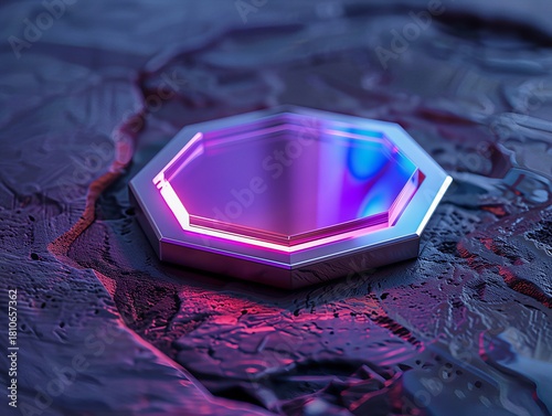 Futuristic octagonal metallic podium on dark textured rock background. 3D abstract geometric display stand with neon purple light and glass reflection for technology product presentation or mockup.