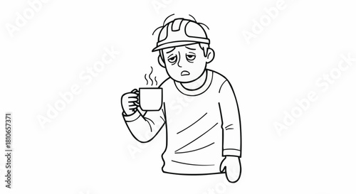 Tired construction worker holding a hot cup of coffee early morning.