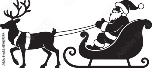 Black silhouette of Santa Claus riding a sleigh pulled by a reindeer on a white background