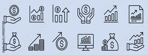 money income thin line icon set, containing profit, financial analysis data, finance graph, growth, investment, chart, fund, payment, revenue, statistic, earnings, and management symbols, perfect.
