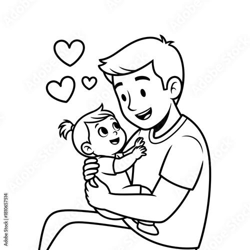 A loving father holding his baby daughter, surrounded by hearts, isolated on a sweet depiction of paternal affection