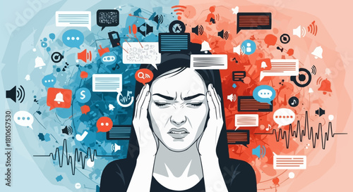 Woman overwhelmed by information overload and digital noise.