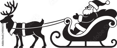 Black silhouette of Santa Claus in a sleigh pulled by a reindeer christmas holiday