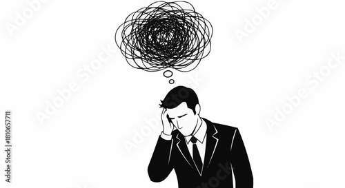 Stressed businessman with a tangled mess of thoughts illustration.