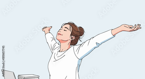 Woman stretches arms feeling relaxed and happy at work.