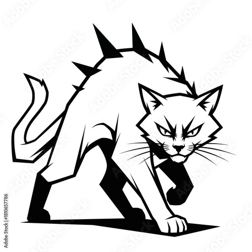 Aggressive cat with spikes ready to attack in black and white illustration.