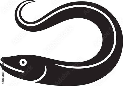 Black stylized eel with white eye and mouth on a white background fish marine life