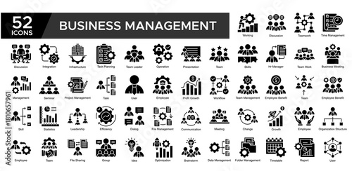 Business Management collection set. Working, Discussion ,Teamwork, Team Management, Business Meeting, Presentation , Workflow, Employee, icon. Simple Glyph vector illustrati
