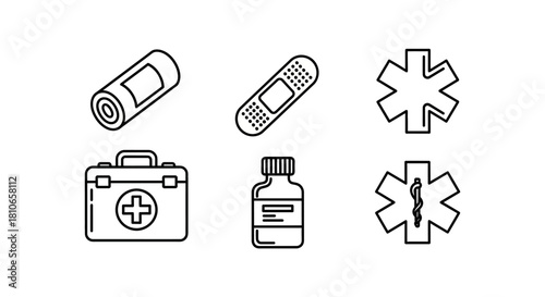 Medical Supplies and First Aid Kit Icons - Essential Healthcare Elements.