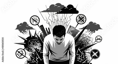 Man overwhelmed by stress and pressure, feeling burdened and anxious.