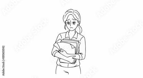 Sad woman holding documents, feeling overwhelmed and stressed.