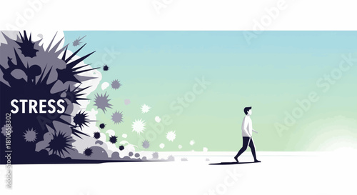 Person walking away from stress and anxiety overcoming challenges.