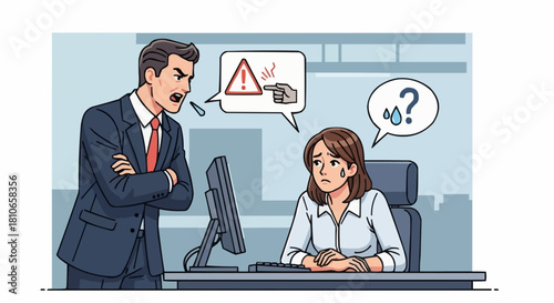 Angry Boss Scolding Female Employee at Office Desk.