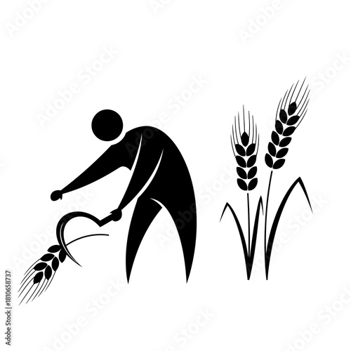 A stylized farmer harvests wheat with a sickle, embodying the essence of agriculture isolated on and rural life