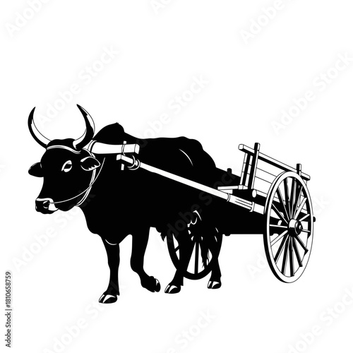 Silhouette of an ox pulling a cart, a traditional mode of transportation in some cultures isolated on vector illustration