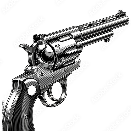 A black and white illustration of a revolver gun, isolated on, showcasing a classic firearm and vintage design