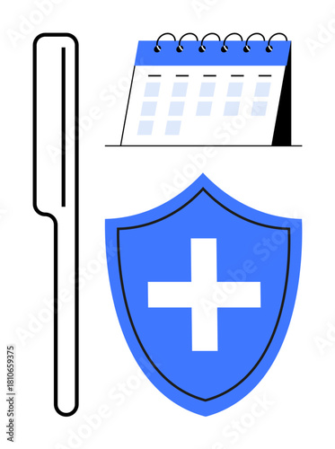 Medical swab, calendar, and shield with cross design convey health safety, diagnostics, and timely care. Ideal for healthcare, prevention, scheduling, diagnostics protection tests awareness