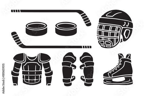 Hockey accessories silhouette icon set for sport. Ice hockey skates, bat, puck, helmet, vest armor, knee pad solid element design pack. Goalie protection gear glyph symbol bundle. Vector illustration.