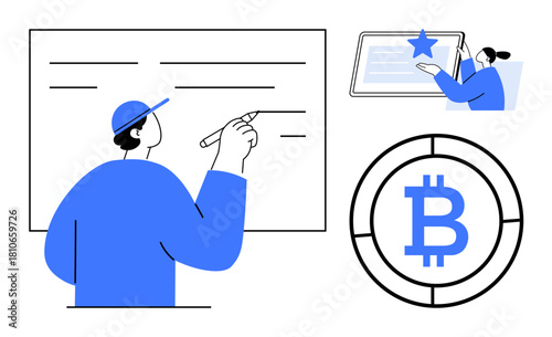 Person writing on board, Bitcoin emblem indicating cryptocurrency, and woman tapping on tablet with a star. Ideal for education, blockchain, finance, planning, technology, innovation simple flat