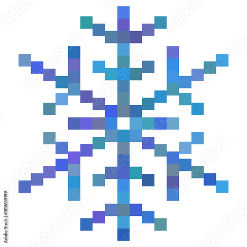Multicolor pixel snowflake, minimalistic vector art, cartoon stylization, winter illustration