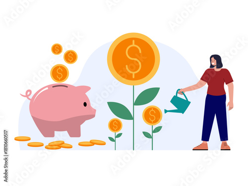 Women entrepreneurs increase capital and profits. Saving vector illustration. Flat illustration concept.
