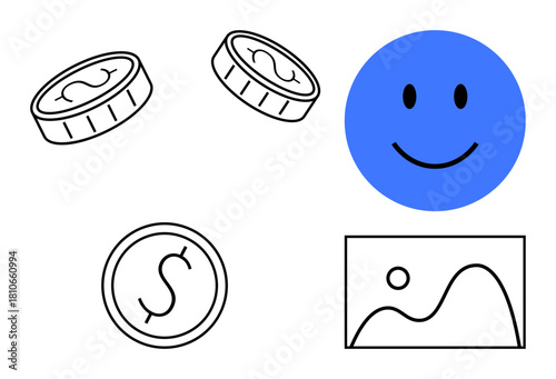 Minimalist financial concept. Includes dollar coins and a smiling face with simplicity. The concept highlights money management and positivity. Perfect for business, startups, marketing, creativity