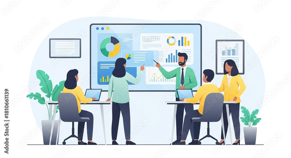 Fototapeta premium A colorful illustration of a team working together in a modern office environment. Several people sit at desks with laptops while others stand and present charts and graphs on a large digital display 
