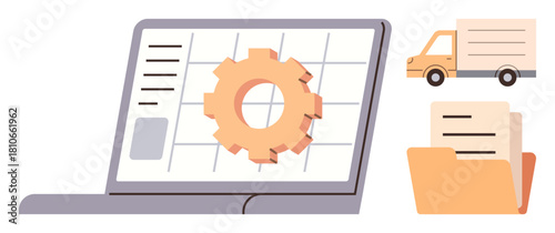 Laptop screen displaying gear and grid, truck representing logistics, and folder holding documents. Ideal for operations, logistics, delivery, management, data processes, organization and workflow