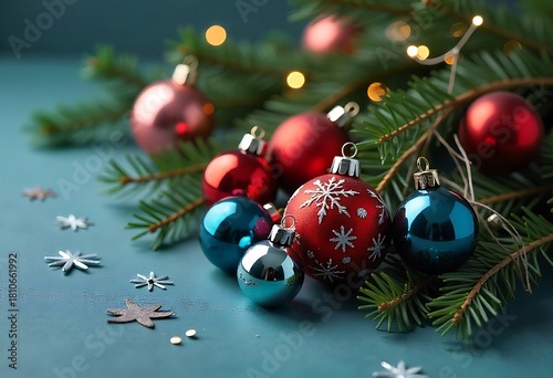Festive christmas ornaments and pine needles on a blue surface with bokeh