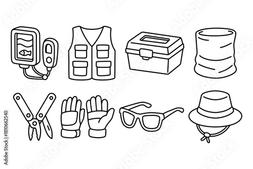 Fish finder, vest, tackle box, buff, multitool, gloves, glasses, bucket hat outline icon set for fishing sport. Fishing and angler gears line art elements pack. Fisherman accessories doodle symbols.