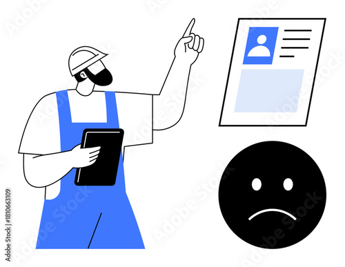 Job rejection concept. Job rejection by a worker pointing to a declined resume, a sad face icon reflecting lost opportunities. Job rejection in HR, recruitment, employment, resumes, career challenges