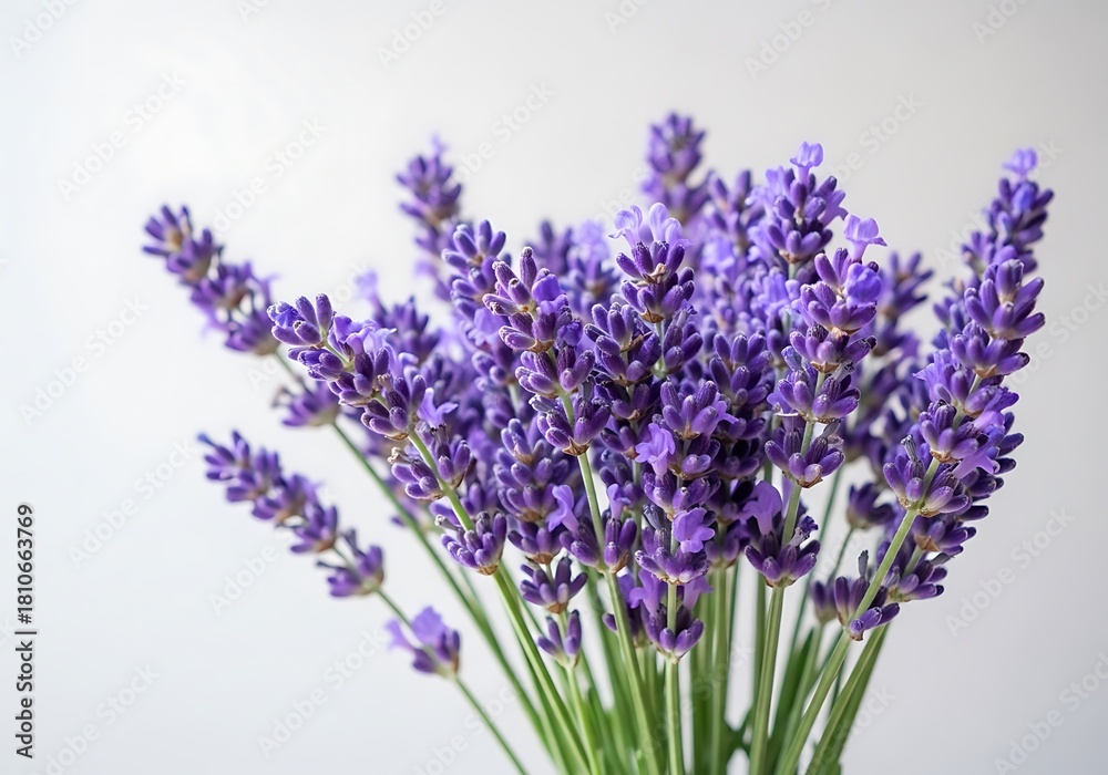 Obraz premium A close up view of a lush bouquet of vibrant purple lavender flowers against a plain background