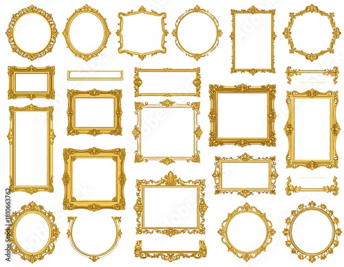 Collection of ornate gold-colored frames in various shapes on a white background