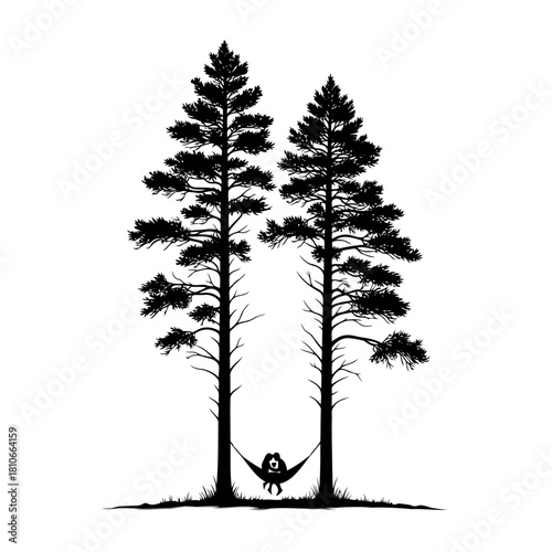 A romantic silhouette of a couple in a hammock between two pine trees, isolated on, capturing a serene moment in nature
