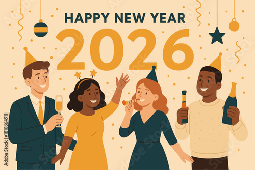 Happy new year celebration party people friends party hats champagne bottles confetti streamers stars ball vector illustration