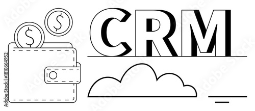 CRM concept. CRM visual with wallet, coins, and cloud business growth. CRM aids customer relationship, data management, and cloud computing. For business, sales marketing finances tech