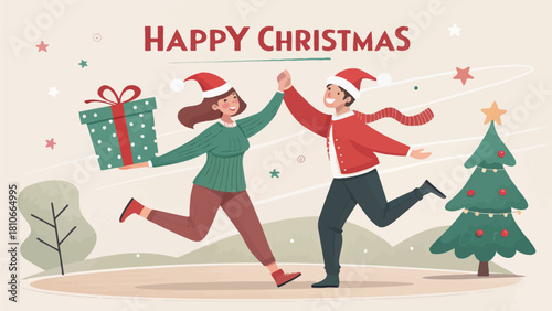 Celebrating christmas happy couple christmas gift christmas tree joyful christmas season holiday spirit vector illustration