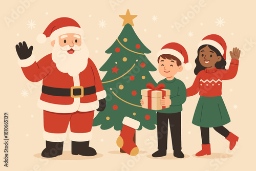 Santa christmas tree kids gift happy holiday season christmas greeting card celebration festive cheerful vector illustration