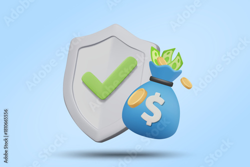 3D vector illustration rendering of financial security and protection concept with shield, check mark, banknotes, coins and money bag. Safe investment and stable transactions.