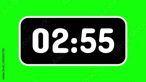 Countdown timer digital from 3 minute to 2 minute on green background
