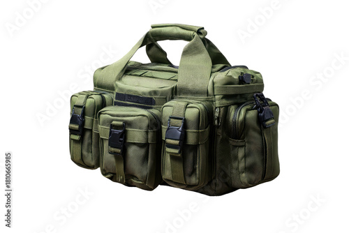 Olive drab tactical bag with multiple pouches and handles