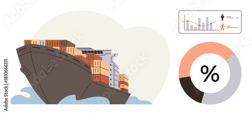 Cargo ship loaded with containers sailing in water, bar chart representing data trends, and a percentage pie chart. Ideal for logistics, freight, shipping, commerce, analytics, maritime