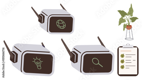 Futuristic box devices featuring icons for web, ideas, and search, paired with a checklist and potted plant. Ideal for technology, innovation, research, environment, productivity growth simple flat