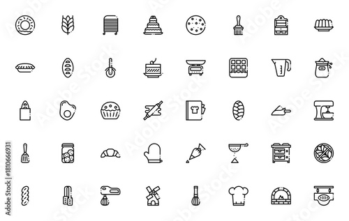 Bakery icon set. Vector illustration. Includes symbos for donut, cake, bread, ven, mixer, whisk, recipe,cookie, muffin and more. Eitable stroke.