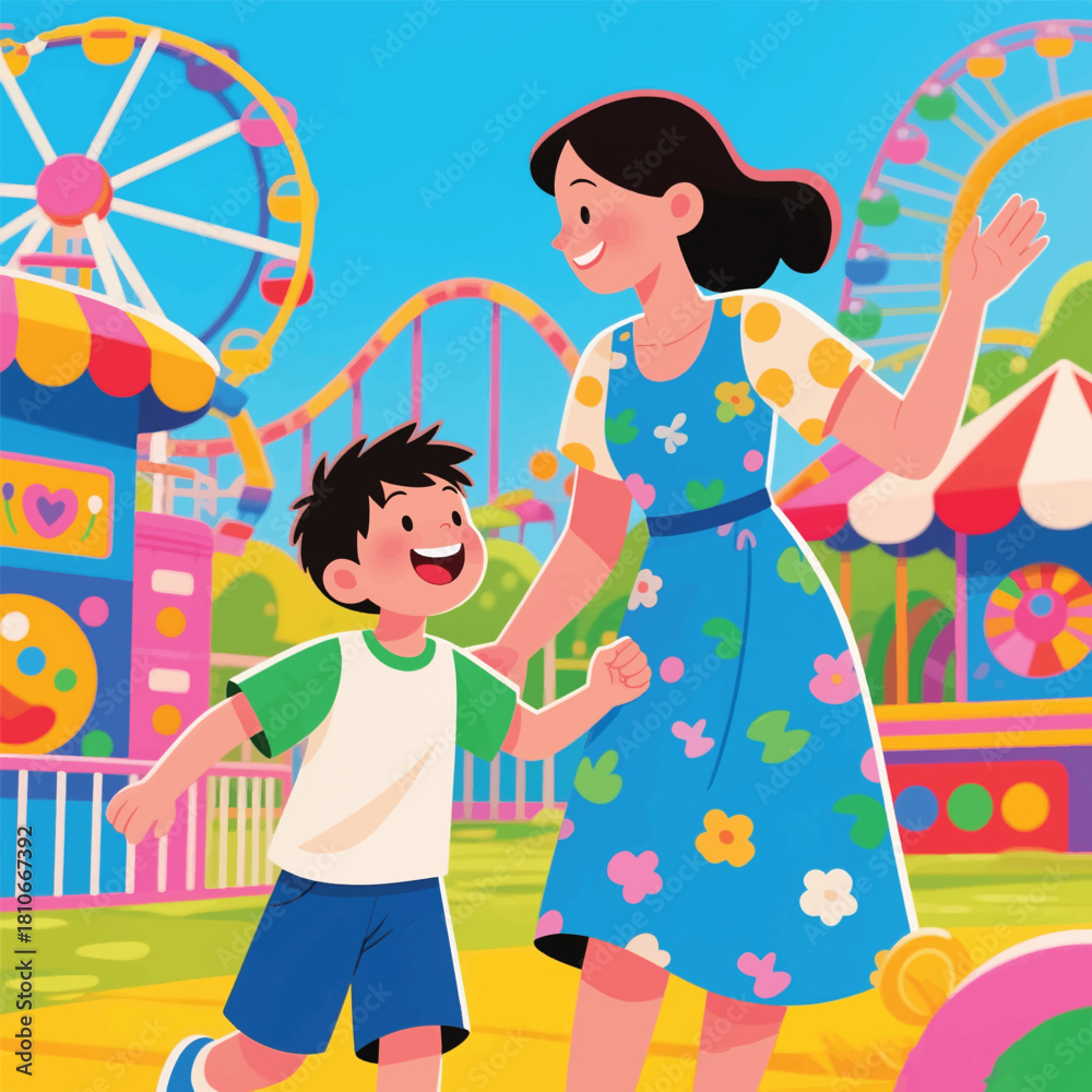 Fototapeta premium Time for Mother and Child Vacation at Wahana Illustrator Artwork Banner Background Design Template